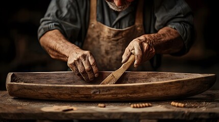 An experienced artisan skillfully carves a wooden canoe using a handcrafted tool in a dim workshop. The scene radiates craftsmanship and dedication. Native American Heritage Concept