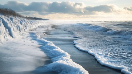 Obraz premium Foamy Waves Crashing on a Sandy Beach with a Cloudy Sky