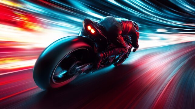 High-speed motorcycle racing on a futuristic, neon-lit track, capturing the thrill and adrenaline of extreme sports in vibrant colors.