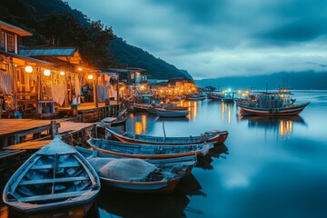 Fototapeta premium Peaceful evening at the harbor with boats gently floating. The warm lights create a cozy atmosphere by the calm water. A perfect scene for relaxation. Generative AI