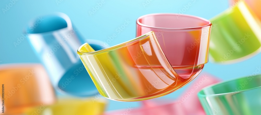 Poster render of a 3d abstract background with a colorful curving translucent ribbon, a modern minimalist w