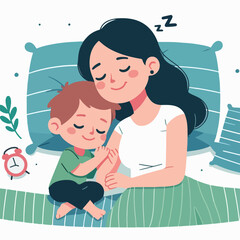 mother accompanying her child to sleep