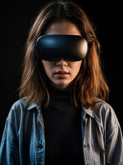 Futuristic woman in VR headset bathed in neon light. Cyberpunk aesthetic meets cutting-edge technology