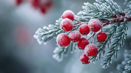   A close-up of a snowy tree branch with small red berries