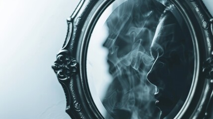 Eerie Ghostly Figure Reflecting in Antique Mirror with Smoky Haze - Isolated on White