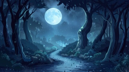 Obraz premium Mystical Moonlit Path Through Enchanted Forest Vector Illustration Night Scene