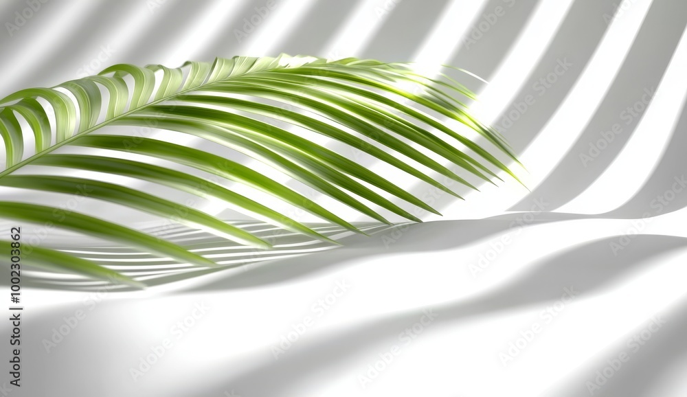 Poster the background is an abstract light blue. an abstract shadow of tropical leaves is cast in front of 