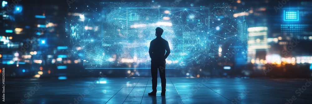 Poster a professional engages with floating holographic data and neural networks in a futuristic urban envi