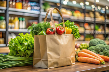 Paper bag filled with fresh vegetables in a grocery store aisle