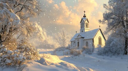 Snow-Covered Church in a Wintery Forest Landscape