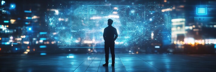A professional engages with floating holographic data and neural networks in a futuristic urban environment during evening hours. Generative AI
