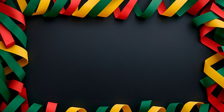 Colorful ribbons in red, green, and yellow arranged on a black background, perfect for festive designs, holiday decorations, or creative layouts with vibrant, celebratory themes