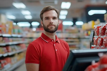 Obraz premium A Young Man Wearing a Red Polo Shirt Stands in a Grocery Store