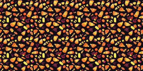 Halloween candy pattern with festive, spooky-themed sweets. Background seamless pattern.
