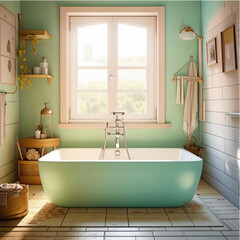 A serene bathtub in a pastel green bathroom with large window lighting