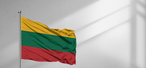 Lithuania national flag cloth fabric waving on beautiful window light grey Background.