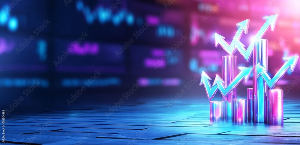 Poster an abstract financial graph with an uptrend line and arrows in the stock market on a blue background