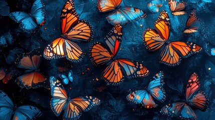   A flock of orange and blue butterflies perched atop a sea of airborne butterflies, with hues of orange and blue
