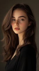 Fototapeta premium Portrait of a young woman with fine brown hair standing straight and looking gracefully at the camera