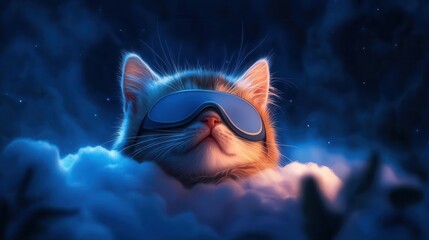 Dreamy scene of a kitten in a sleep mask, floating on a cloud, ethereal glow, fantasy elements