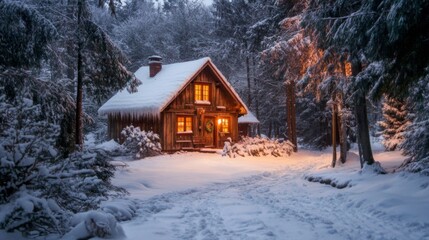A Cozy Cabin in the Snowy Forest at Dusk