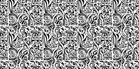 Polynesian pattern with tropical, island-themed motifs. Background seamless pattern.