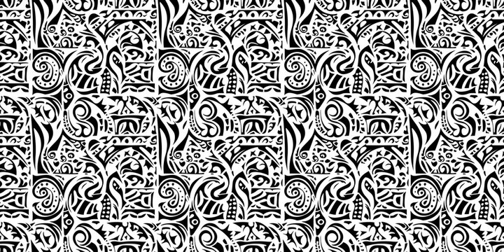 Polynesian pattern with tropical, island-themed motifs. Background seamless pattern.