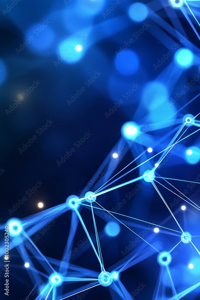 Poster blue dots and lines on a deep blue background, data flow concept, neural network of stocks, network 