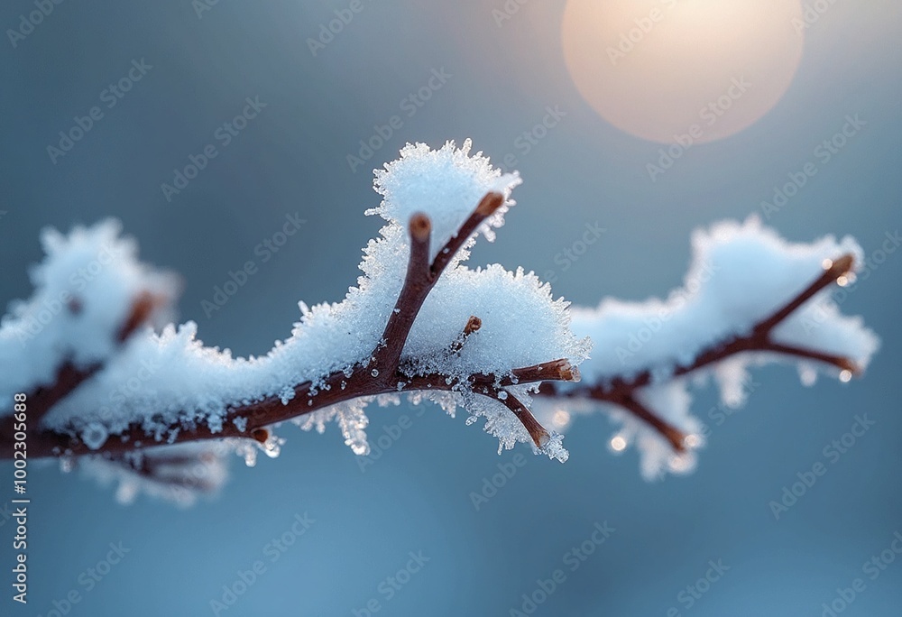 Poster extreme macro photography of a branch covered in frost and snow