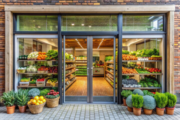 Fresh produce shop with vibrant fruits and vegetables displayed inside