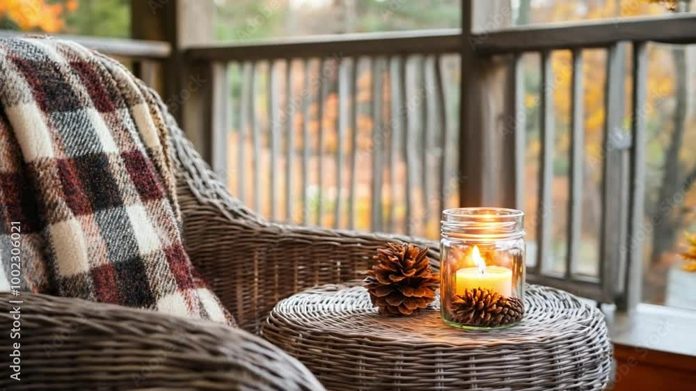 Aufkleber cozy autumn setting with a candle and pinecones on a wicker table surrounded by warm blankets and a 
