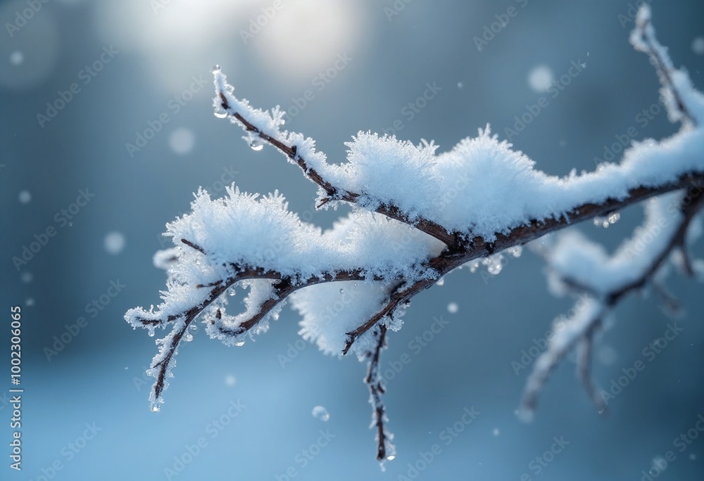 Poster extreme macro photography of a branch covered in frost and snow