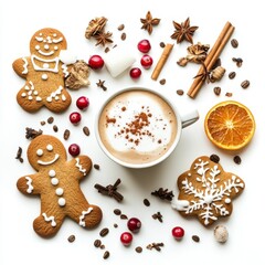Set watercolor elements with Gingerbread cookies,Cup cocoa and sweets,cookies,sweet holiday card,Christmas menu,season greeting,xmas and New Year sweet composition,space for text.