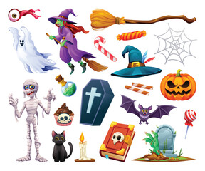 Fototapeta premium Halloween elements with spooky characters like witch, ghost, and pumpkin in cartoon style. Vector cartoon illustration.