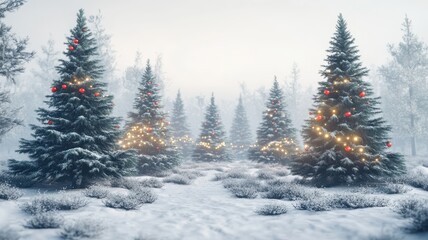 Fototapeta premium Christmas tree in snowdrift,winter and snow background, with Christmas ornaments glass transparent balls,banner sale product,Holiday Xmas background,vector illustration,space for text.
