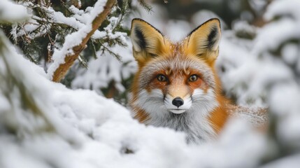 Fototapeta premium Red Fox Peering Through Snowy Branches in a Winter Forest
