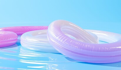 Flying holographic cylinders, tubes and glass disks. Abstract geometric shapes with gradient textures, iridescent circle clear plates, futuristic design elements.