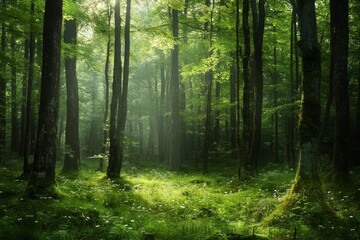 Obraz premium Mystical forest landscape filled with bright flowers and misty light magical woodland.