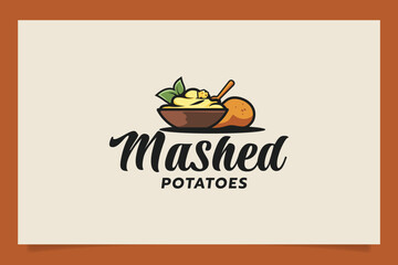 mashed potatoes logo with mashed potatoes dish on a wooden bowl. It is good for cafe, restaurant, food truck, etc.