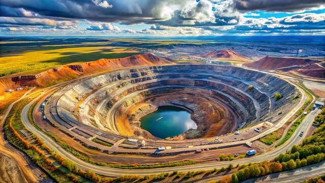 Aerial perspective of the Mirny diamond mine in Yakutia showcases the expansive kimberlite pipe landscape, highlighting