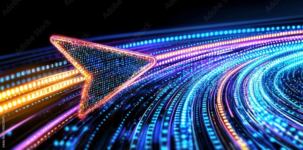 Poster angular neon arrow pointing right. telecommunication technology concept. on a black background with 