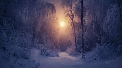 Fototapeta premium Sunlit Path Through a Snowy Forest