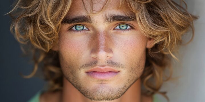 Captivating Gaze:  Portrait of a Handsome Man with Long Curly Blonde Hair and Striking Blue Eyes 