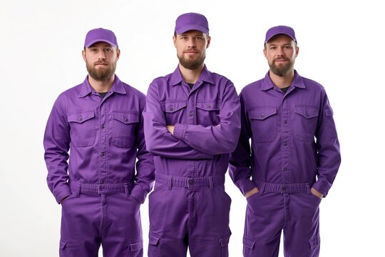 Professional repair technicians in purple jumpsuits ready to assist with various maintenance tasks in a clean, bright environment