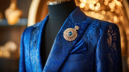 A lavish wedding suit in royal blue, featuring fine embroidery and accompanied by a jeweled brooch and silk pocket square.