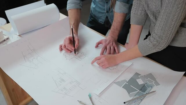 Close up hands of two workers discussing building drawings in office. Closeup shooting of arms moving pictures, watching attentively on images.