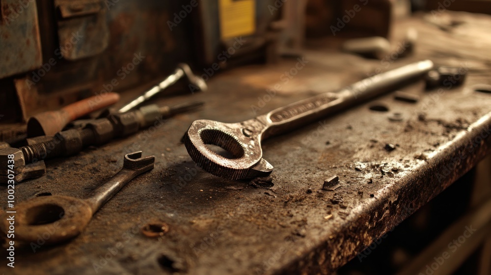 Aufkleber Rusty Wrenches and Tools on a Workshop Table