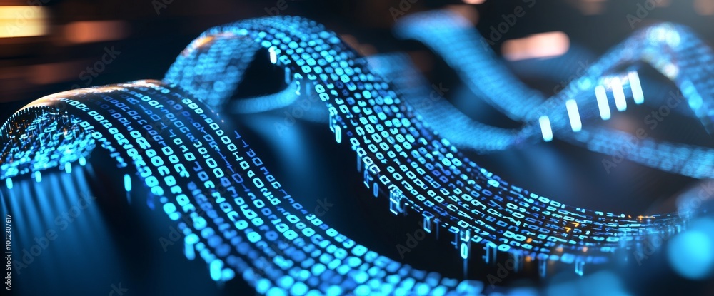 Poster a 3d rendering depicts an abstract glass tube through which digital binary data is transmitted. an i