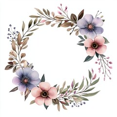 Pastel Floral Wreath with Pink and Purple Flowers, Delicate floral wreath featuring pastel pink and purple flowers with soft green leaves, perfect for invitations, cards, or spring designs.




