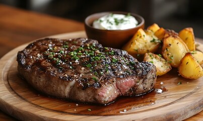 medium-rare steak on wooden plate served with baked potatoes, Generative AI 